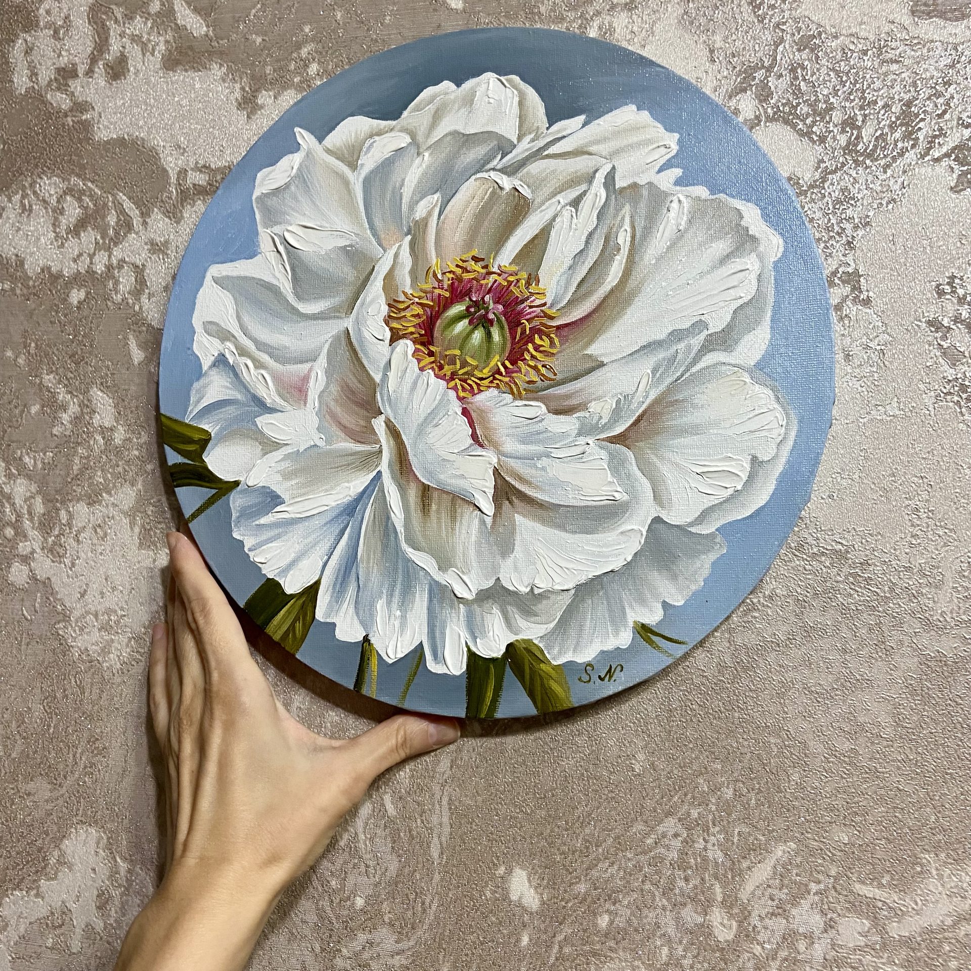 Картина маслом. Белый пион.